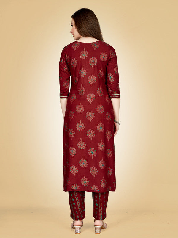 Maroon Embroidered Women Kurta Pant Set - Hiral Fashion