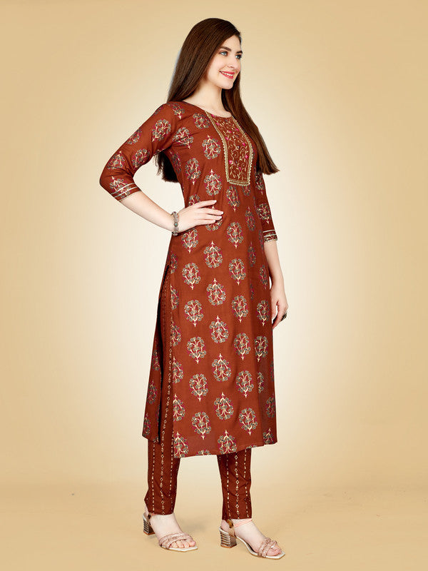 Rust Embroidered Women Kurta Pant Set - Hiral Fashion