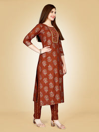 Thumbnail for Rust Embroidered Women Kurta Pant Set - Hiral Fashion