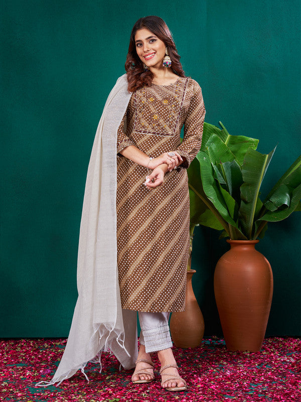Lyush Women's Coffee Rayon Pinted & Embroidery Kurta Set With Dupatta
