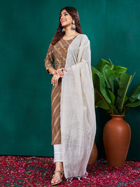 Thumbnail for Lyush Women's Coffee Rayon Pinted & Embroidery Kurta Set With Dupatta