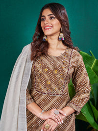Thumbnail for Lyush Women's Coffee Rayon Pinted & Embroidery Kurta Set With Dupatta