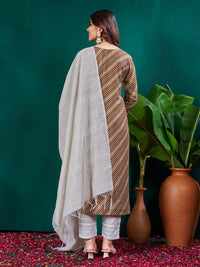 Thumbnail for Lyush Women's Coffee Rayon Pinted & Embroidery Kurta Set With Dupatta