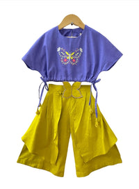 Thumbnail for ArthLife Mustard Purple Butterfly Embroidered Co-Ord Set - Distacart