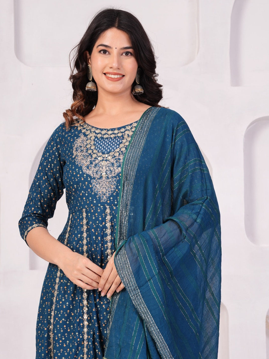 Women Ethnic Motifs Printed Panelled Thread Work Kurta With Trousers & Dupatta (Blue) - Rasiya