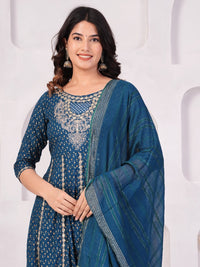 Thumbnail for Women Ethnic Motifs Printed Panelled Thread Work Kurta With Trousers & Dupatta (Blue) - Rasiya