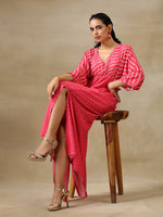 Thumbnail for trueBrowns Pink Bandhani Printed Silk Drop Shoulder Dress - Distacart
