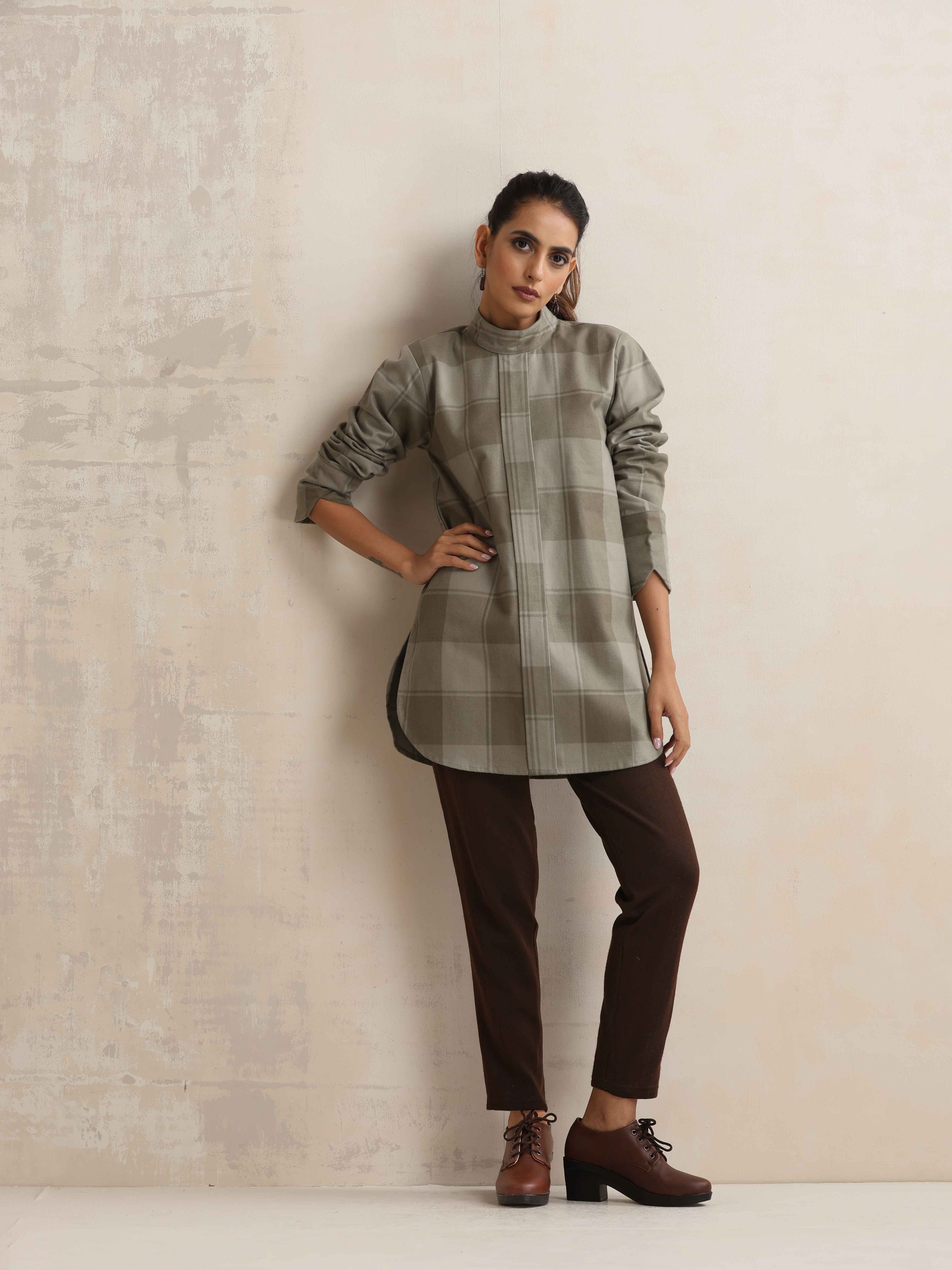 trueBrowns Green Check High Neck Winter Top - Distacart