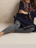 Thumbnail for trueBrowns Blue Kashmiri Embroidered Woollen Phiran Kurta - Distacart
