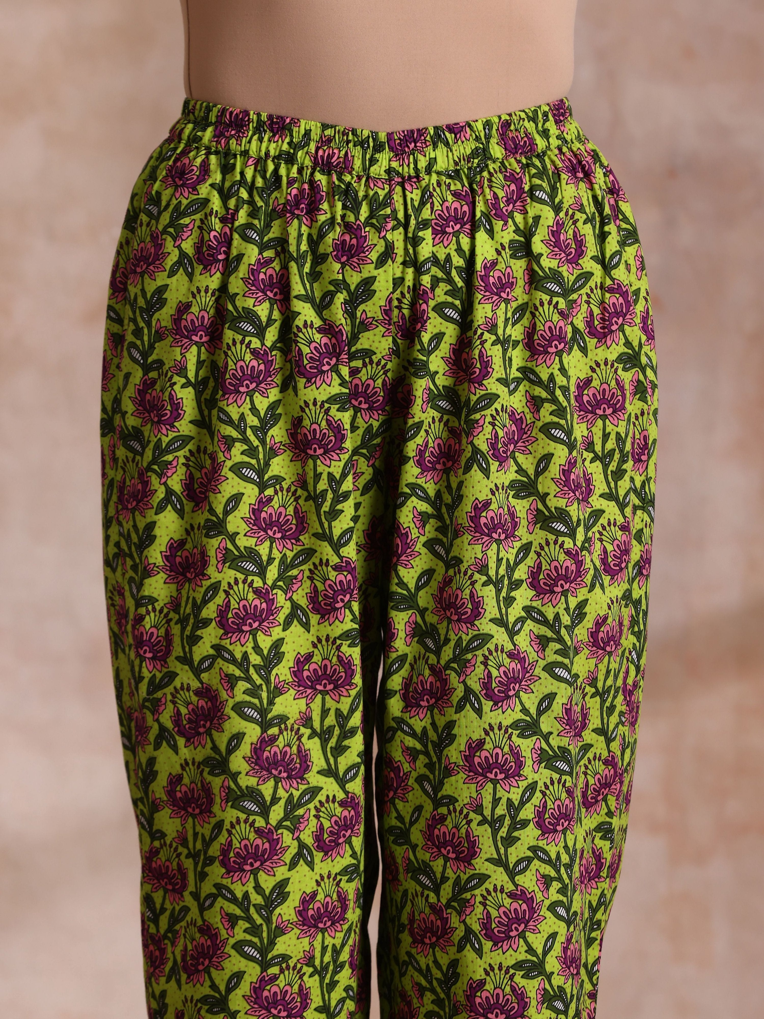 trueBrowns Lime Green Overall Pink Floral Block Print Cotton Flared Kurta Pant Set - Distacart
