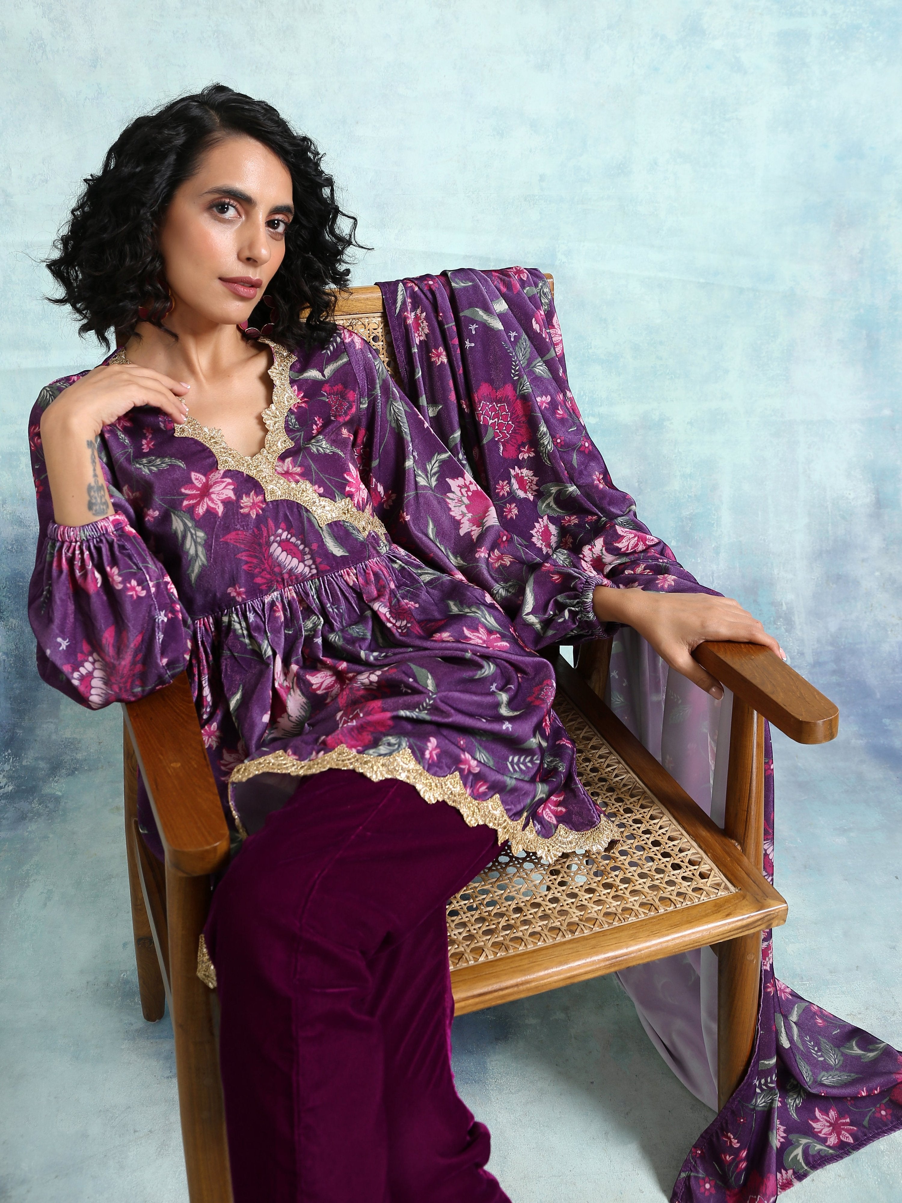 trueBrowns Wine Printed Velvet Lace Co-Ord Set - Distacart