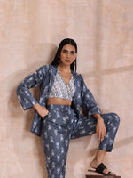 Thumbnail for trueBrowns Grey On Grey Ikat Print Cotton Pant Suit Set - Distacart