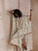 Thumbnail for trueBrowns Pink Yellow Floral On White Block Print Cotton Panel Kaftan Kurta Pant Set - Distacart