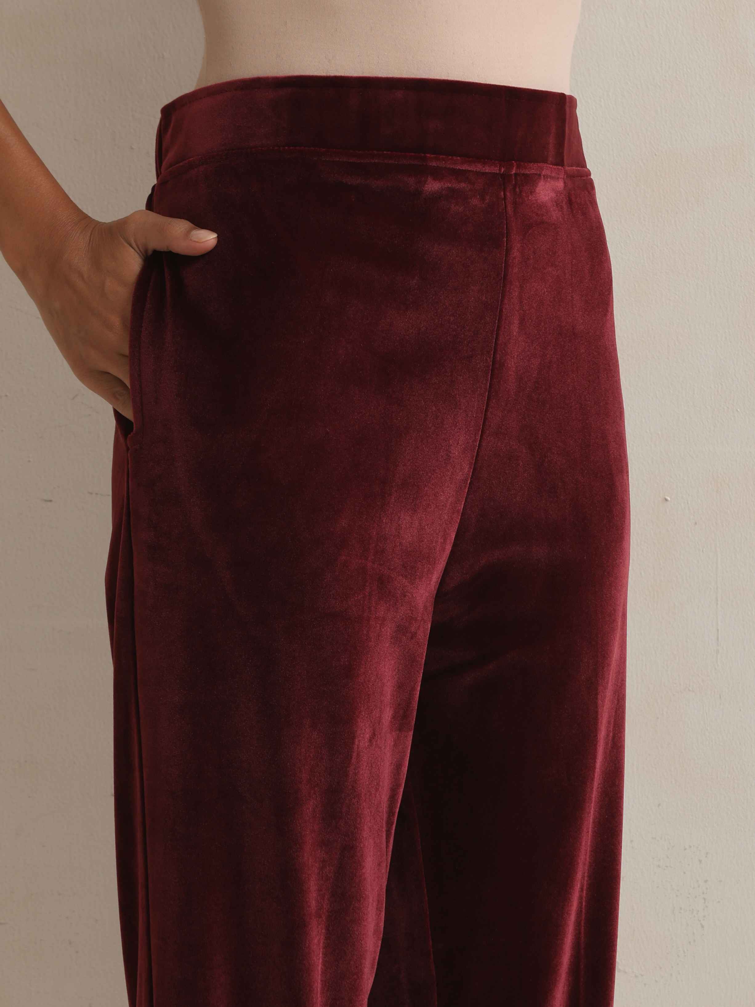 trueBrowns Maroon Velvet Floral Embroidered Kurta Pant Dupatta Set - Distacart