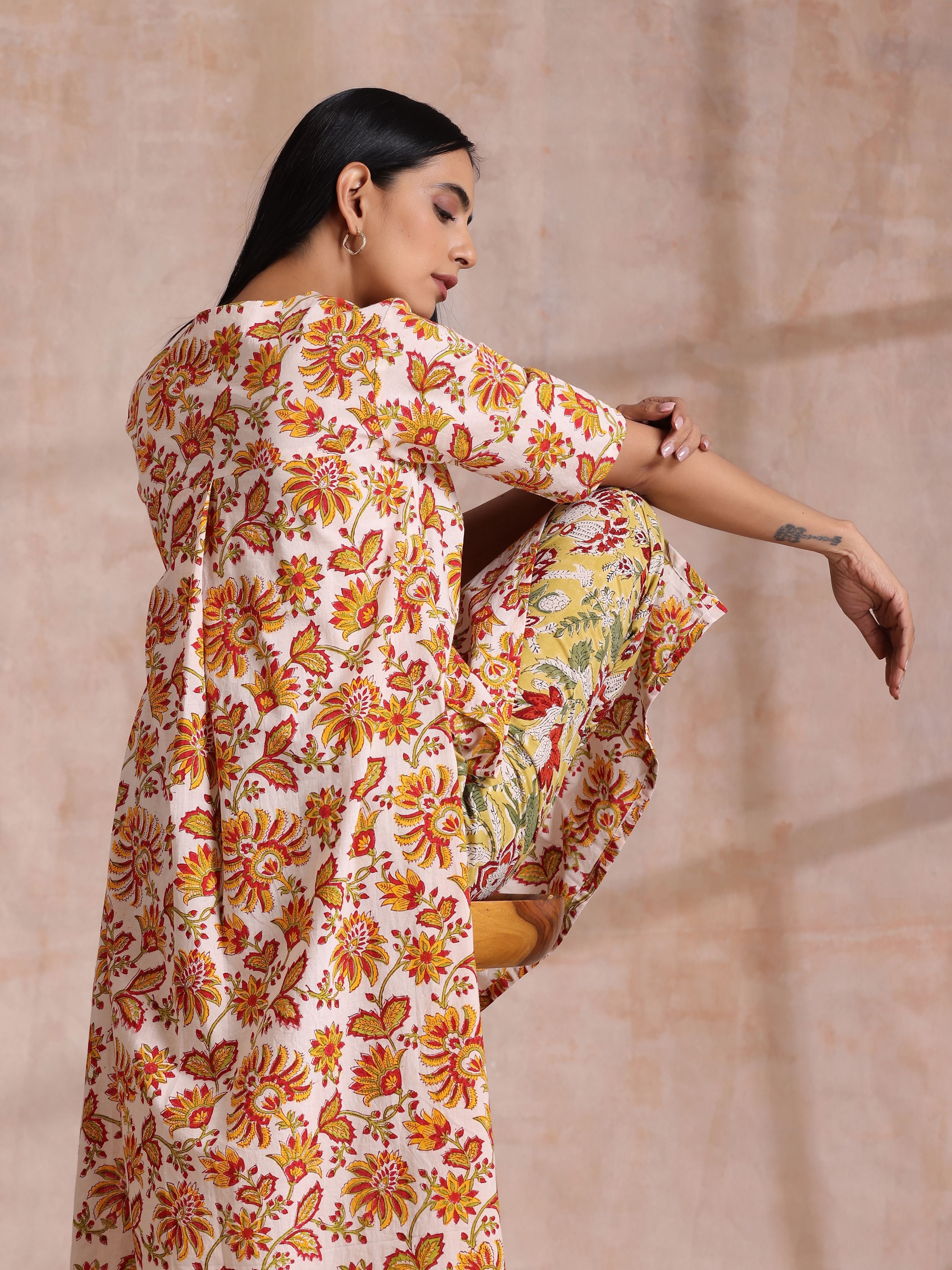 trueBrowns Red Overall Floral On White Cotton Block Print Kurta Pant Set - Distacart