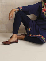 Thumbnail for trueBrowns Blue Floral Embroidered Woollen Phiran Kurta - Distacart
