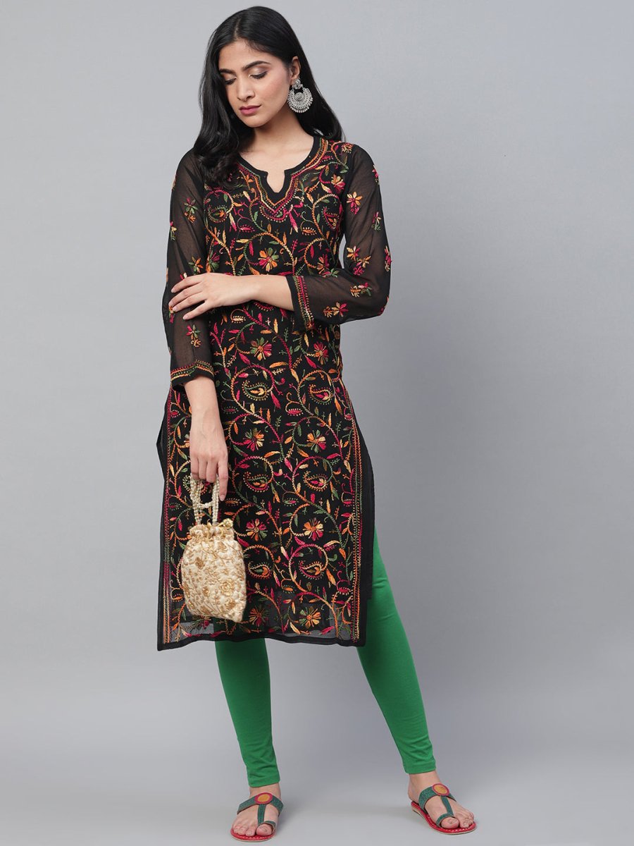 ADA Women Black & Pink Chikankari Hand Embroidered Semi-Sheer Straight Sustainable Kurta With Slip - Distacart