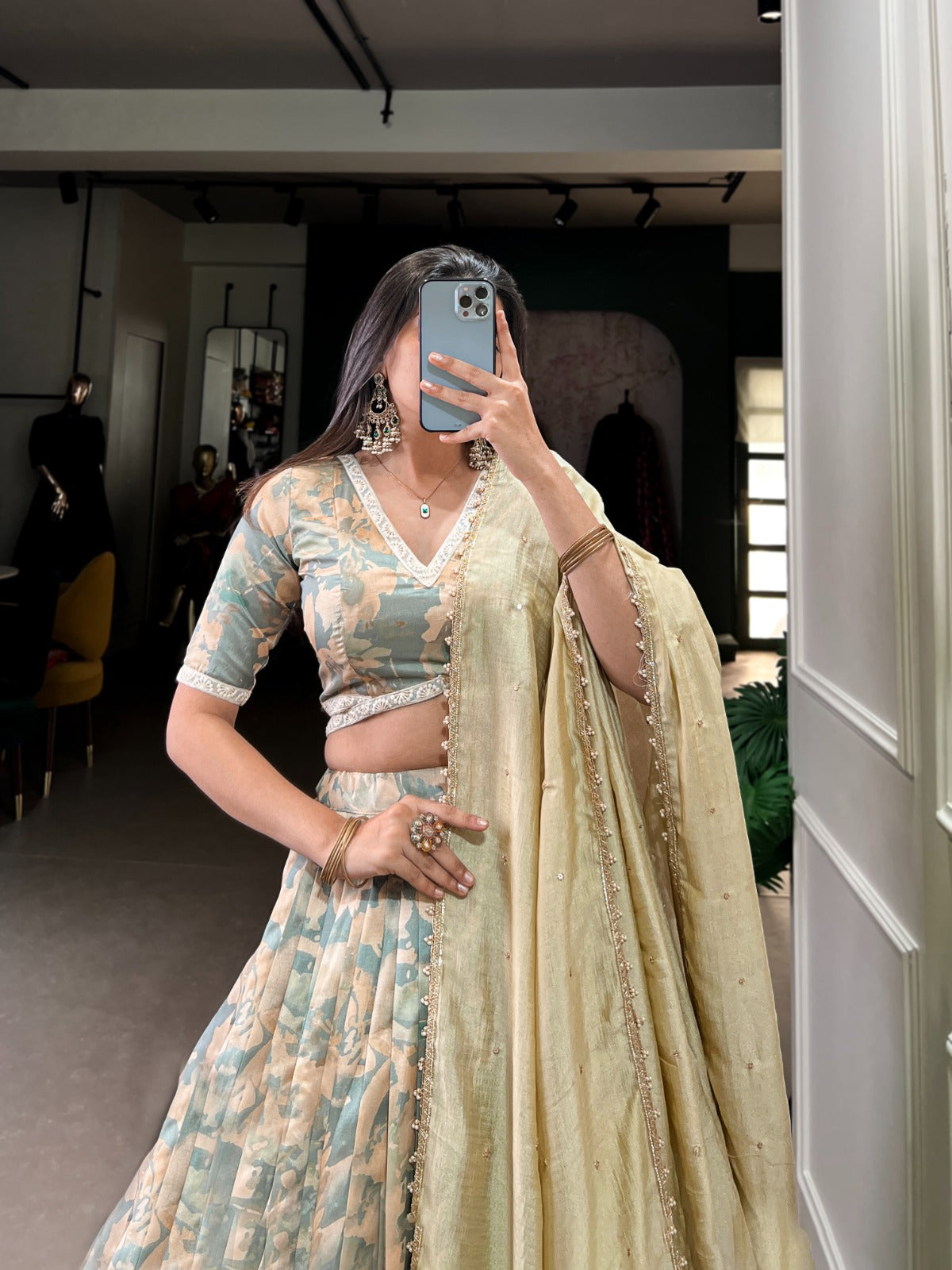 Lorenvalley Seagreen Tussar Silk Printed with Lace Touch Up Lehenga Choli - Distacart