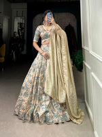 Thumbnail for Lorenvalley Seagreen Tussar Silk Printed with Lace Touch Up Lehenga Choli - Distacart