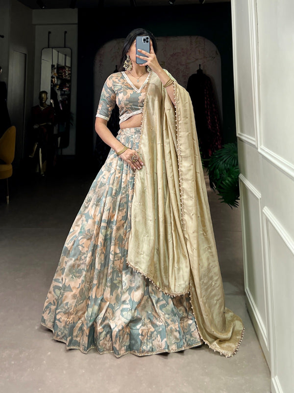 Lorenvalley Seagreen Tussar Silk Printed with Lace Touch Up Lehenga Choli - Distacart