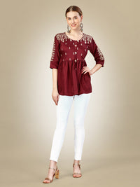 Thumbnail for Rust Embroidered Women Silk Top - Hiral Fashion