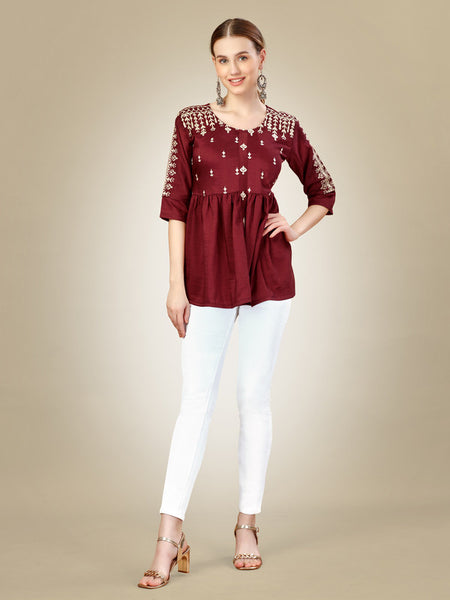 Rust Embroidered Women Silk Top - Hiral Fashion