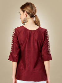 Thumbnail for Rust Embroidered Women Silk Top - Hiral Fashion