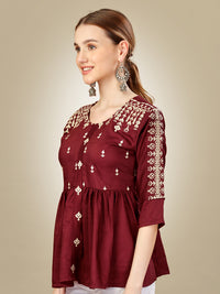 Thumbnail for Rust Embroidered Women Silk Top - Hiral Fashion