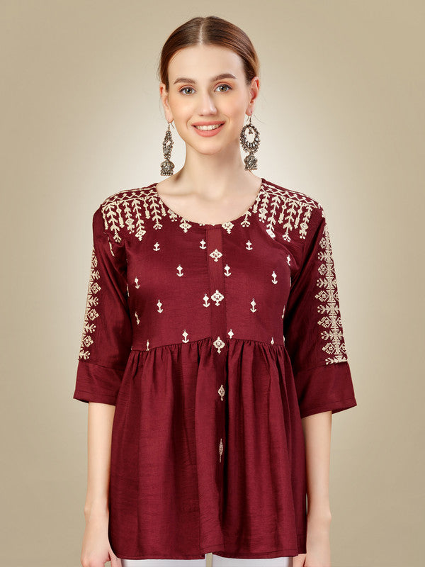 Rust Embroidered Women Silk Top - Hiral Fashion