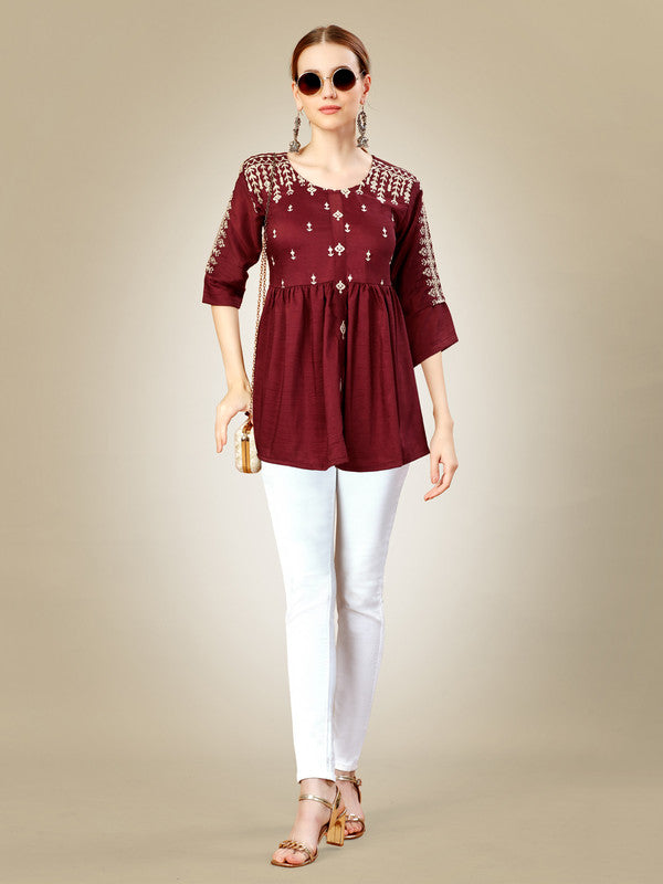 Rust Embroidered Women Silk Top - Hiral Fashion