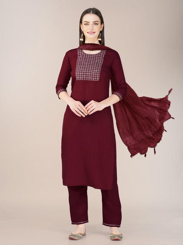 Maroon Women's Kurta Pant Dupatta Set - Hiral Fashion