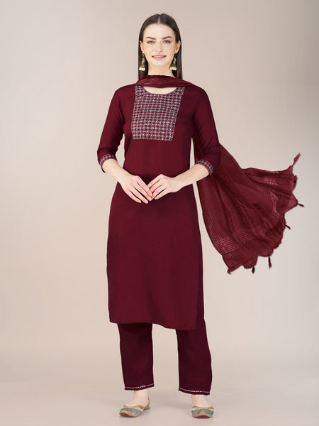 Maroon Women's Kurta Pant Dupatta Set - Hiral Fashion