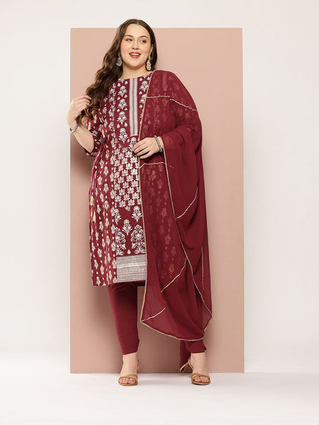Sztori Plus-Size Gotta Patti Ethnic Motif Print Pure Cotton Kurta with Trousers & Dupatta - Distacart