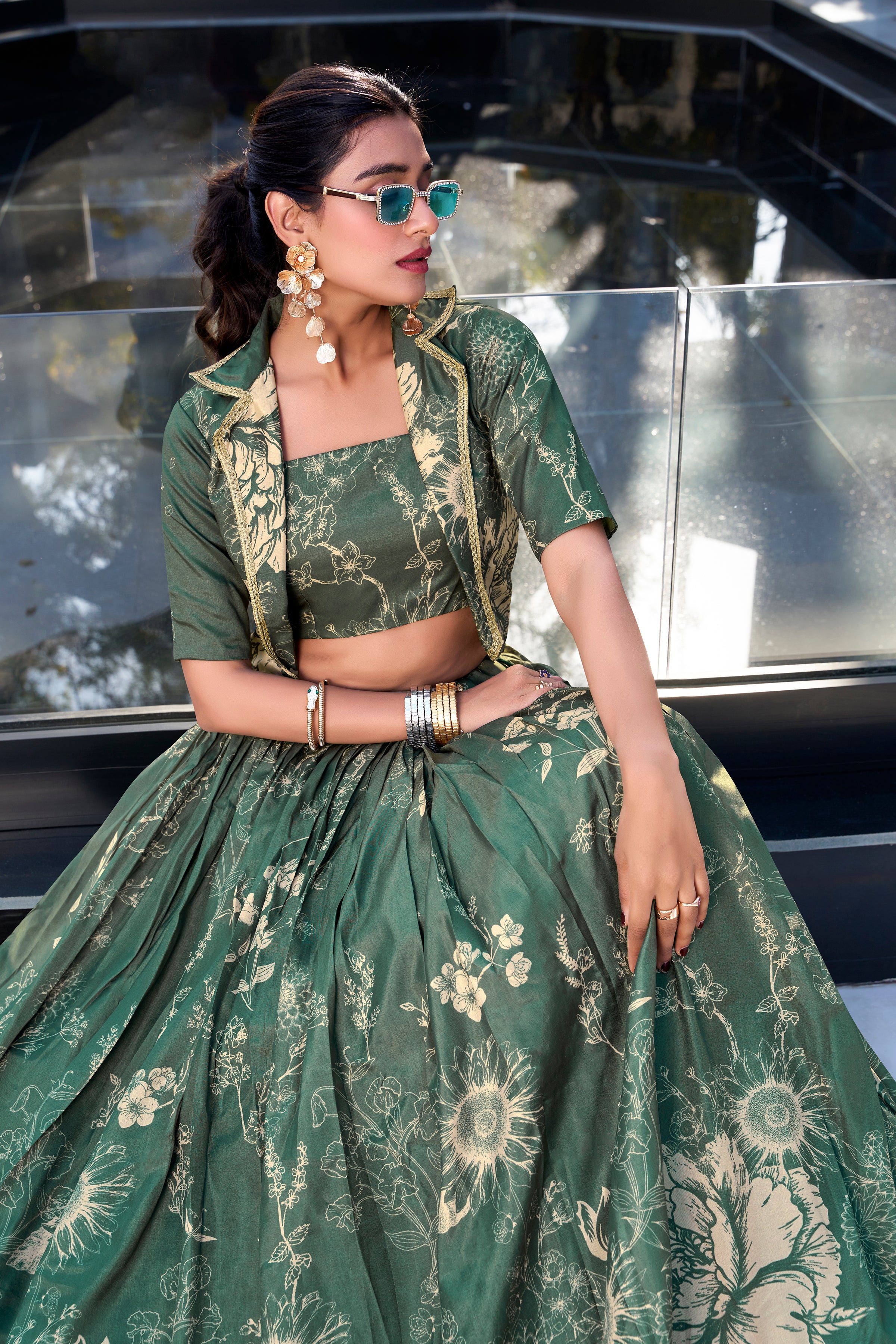 Lorenvalley Green Tussar Silk Floral Print Lehenga Choli with Koti