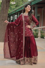 Thumbnail for Vedant Vastram Heavy Embroidery & Sequins Work Rangoli Silk Kurti Plazo Set With Dupatta - Maroon - Distacart