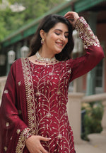 Thumbnail for Vedant Vastram Heavy Embroidery & Sequins Work Rangoli Silk Kurti Plazo Set With Dupatta - Maroon - Distacart