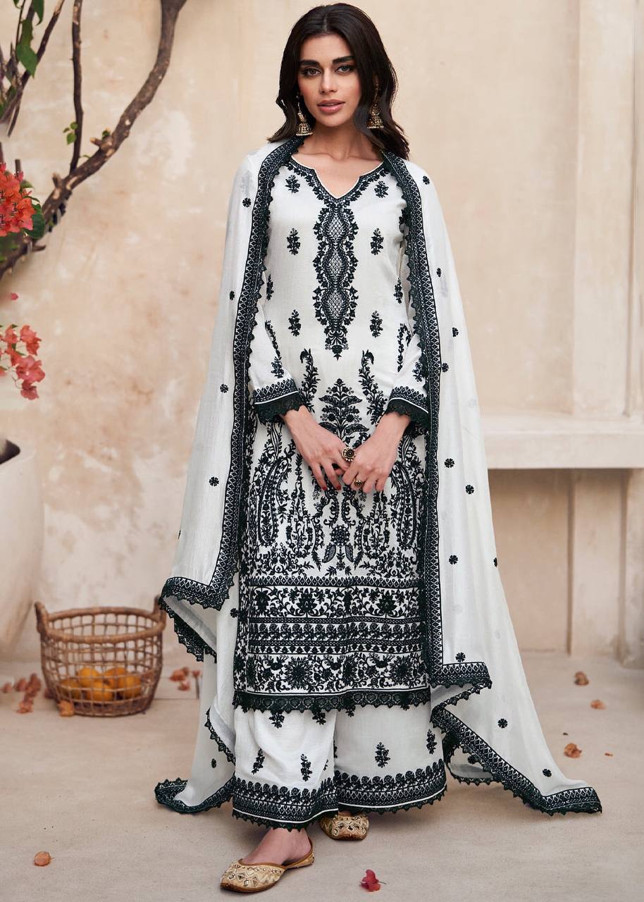 Lorenvalley White Chinon Embroidery With Sequince Work Salwar Kameez Stitched