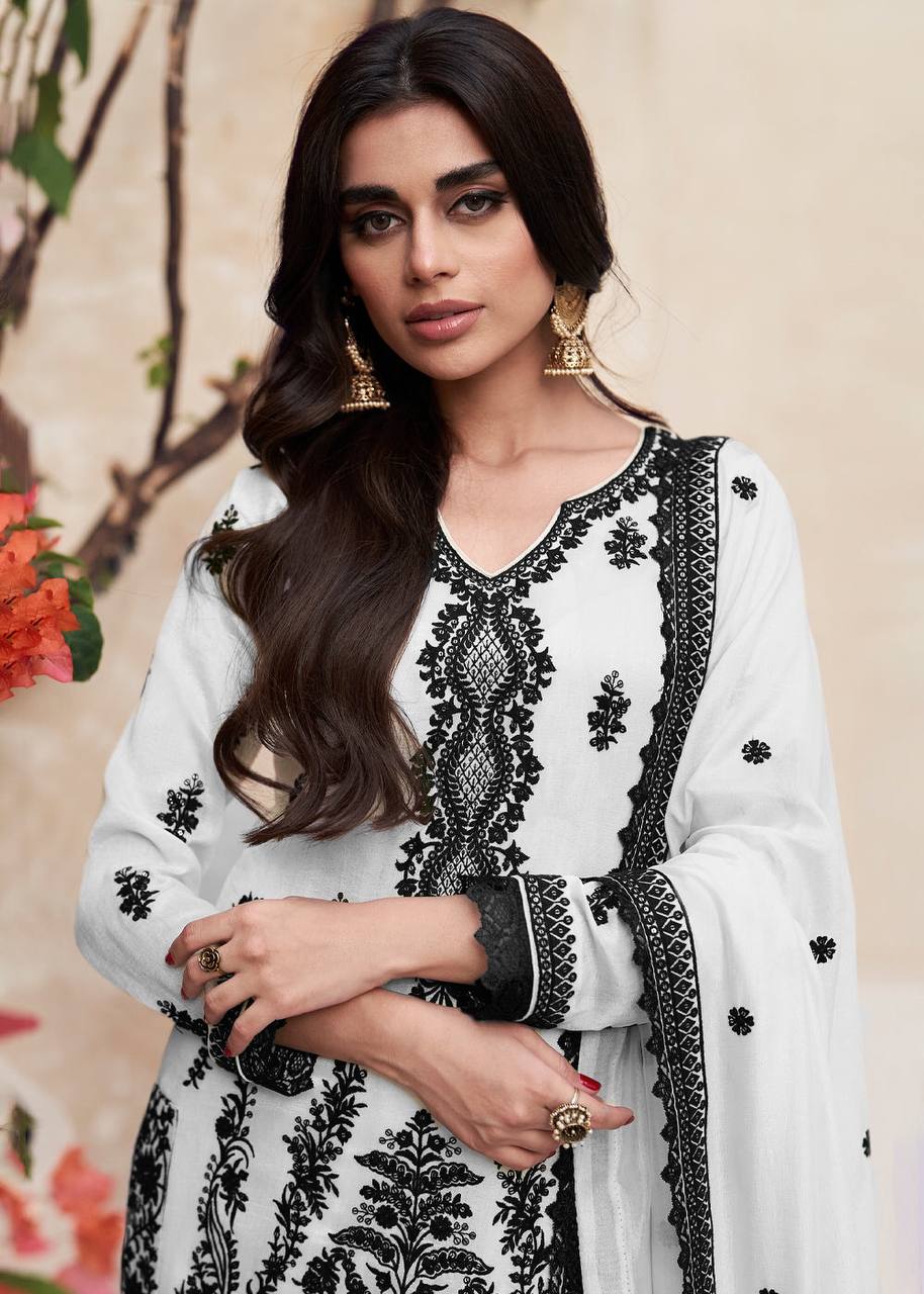 Lorenvalley White Chinon Embroidery With Sequince Work Salwar Kameez Stitched