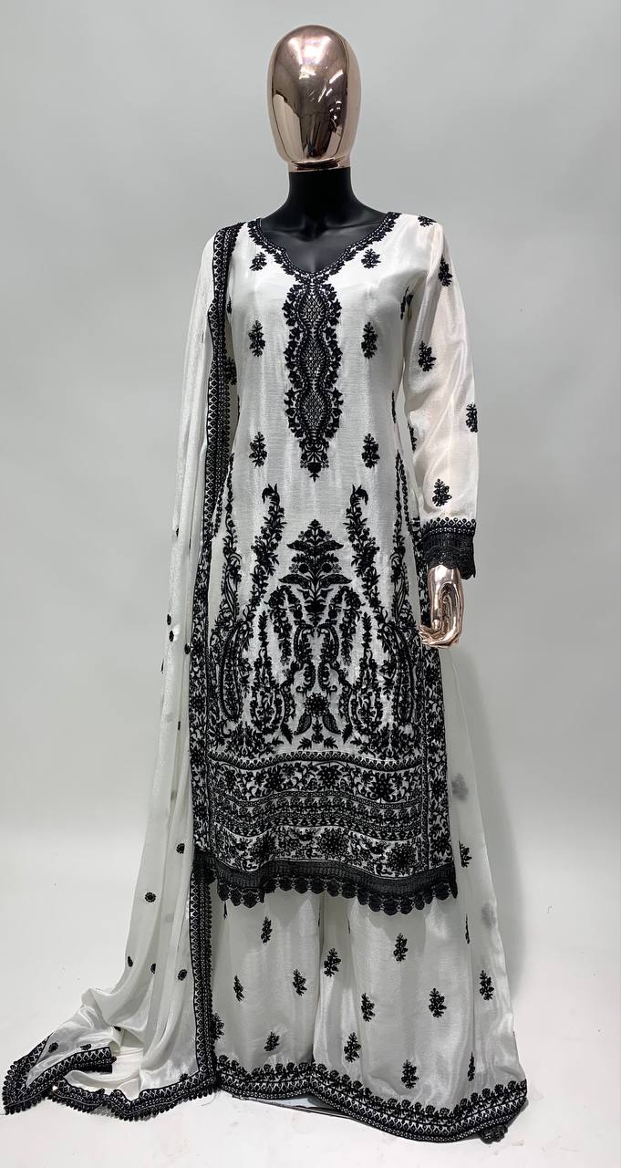 Lorenvalley White Chinon Embroidery With Sequince Work Salwar Kameez Stitched