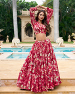 Thumbnail for Lorenvalley Maroon Georgette Chex beautiful Floral Print ethnic Co-ord Set - Distacart