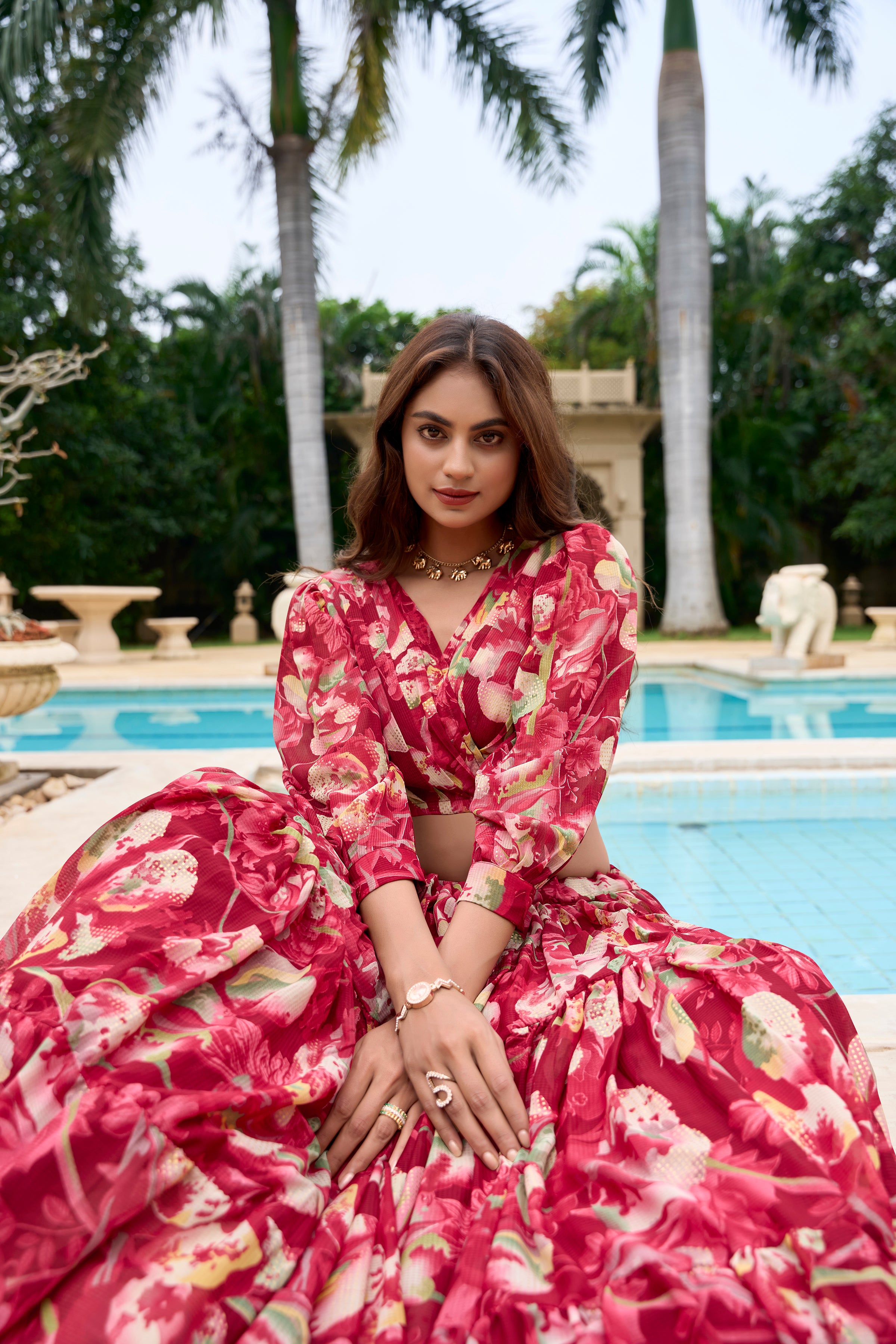 Lorenvalley Maroon Georgette Chex beautiful Floral Print ethnic Co-ord Set - Distacart