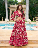 Thumbnail for Lorenvalley Maroon Georgette Chex beautiful Floral Print ethnic Co-ord Set - Distacart
