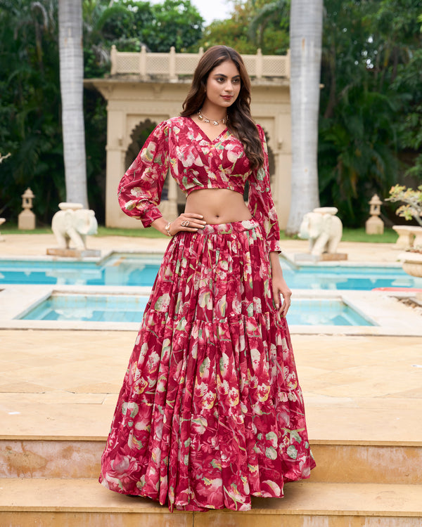 Lorenvalley Maroon Georgette Chex beautiful Floral Print ethnic Co-ord Set - Distacart