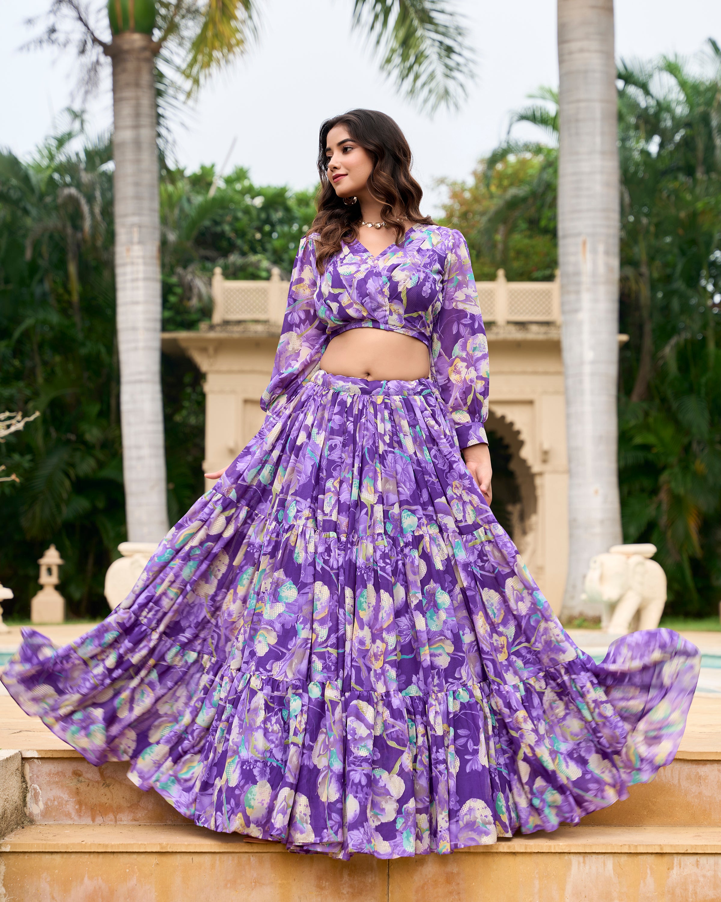 Lorenvalley Purple Georgette Chex beautiful Floral Print ethnic Co-ord Set - Distacart