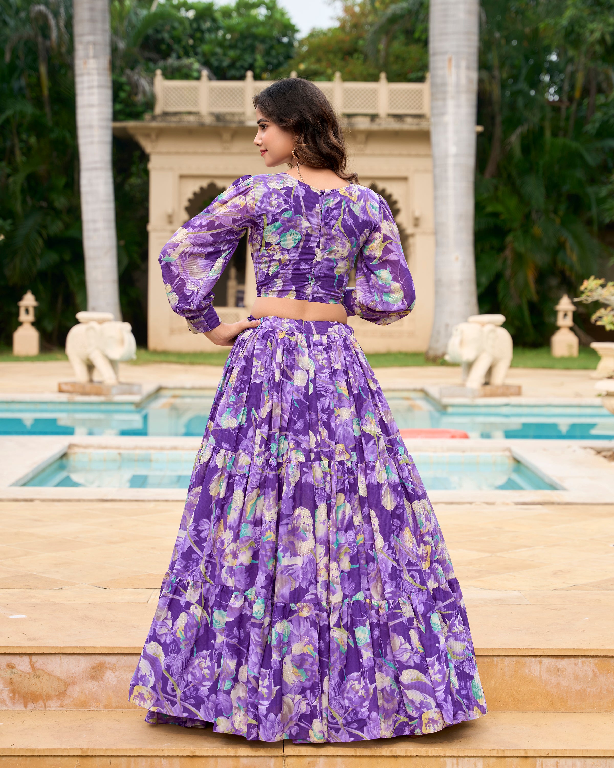 Lorenvalley Purple Georgette Chex beautiful Floral Print ethnic Co-ord Set - Distacart