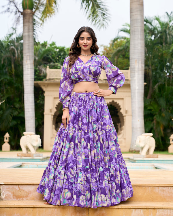 Lorenvalley Purple Georgette Chex beautiful Floral Print ethnic Co-ord Set - Distacart