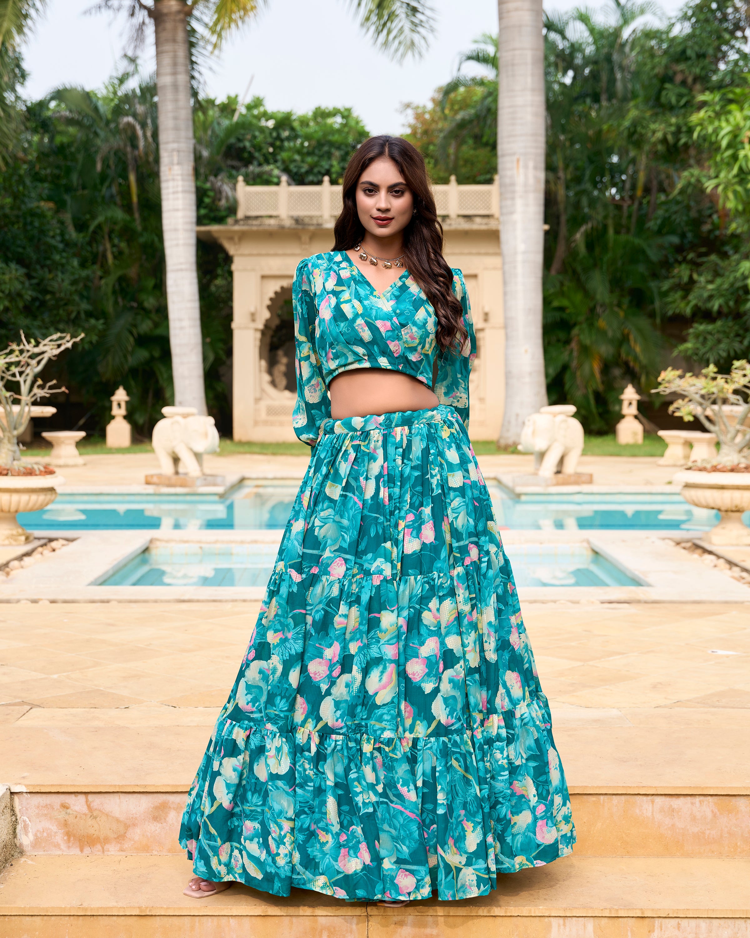 Lorenvalley Teal Georgette Chex beautiful Floral Print ethnic Co-ord Set - Distacart