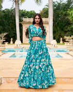 Thumbnail for Lorenvalley Teal Georgette Chex beautiful Floral Print ethnic Co-ord Set - Distacart