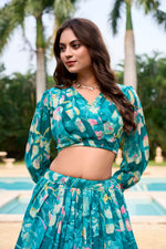 Thumbnail for Lorenvalley Teal Georgette Chex beautiful Floral Print ethnic Co-ord Set - Distacart