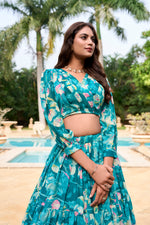 Thumbnail for Lorenvalley Teal Georgette Chex beautiful Floral Print ethnic Co-ord Set - Distacart